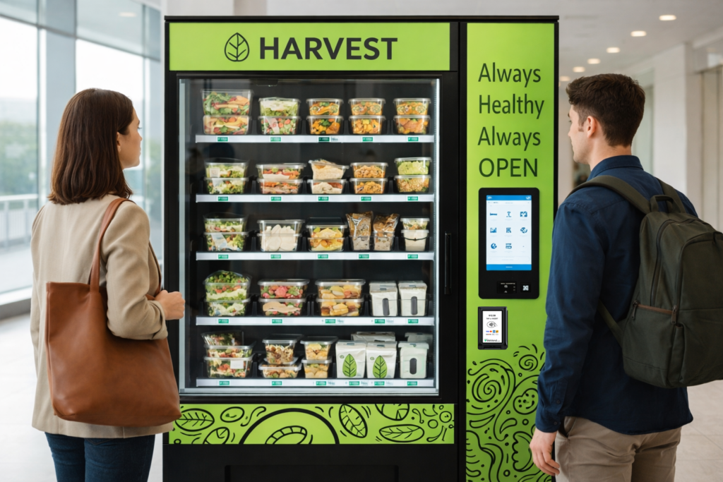 Smart vending cooler with ready-to-eat meals and cashless payment system in a modern office environment, with customers selecting fresh food options