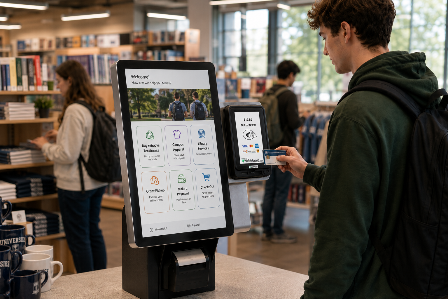 Student tapping a campus card at a WeVend payment reader, supporting unattended payment types across campus kiosks and self-serve environments
