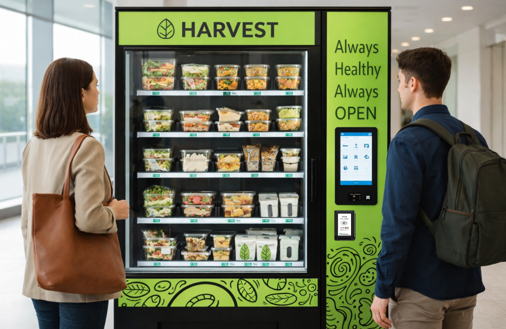 Smart vending cooler with ready-to-eat meals and cashless payment system in a modern office environment, with customers selecting fresh food options